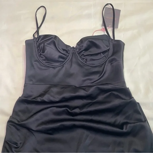 NEW! House of CB- Flora Black Satin Pleated Corset Midi Dress Size Large PLUSCUP